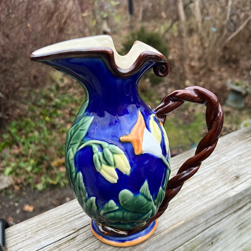 Vintage Painted Blue Floral Ceramic Pitcher 9” Height Braided Handle Preowned